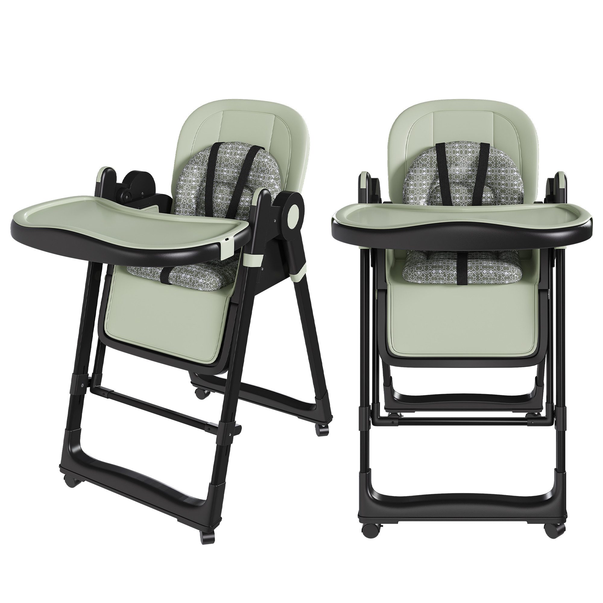 KLAM HOME Kinderklappstuhl 2-in-1 Kinderstuhl mit Wippfunktion, höhenverstellbar & klappbar (Sicherer Kinderstuhl mit 5-Punkt-Gurt & Feststellrädern bis 100kg), Weißer Kinderstuhl mit abnehmbarer Ablage für 6 Monate bis 3 Jahre