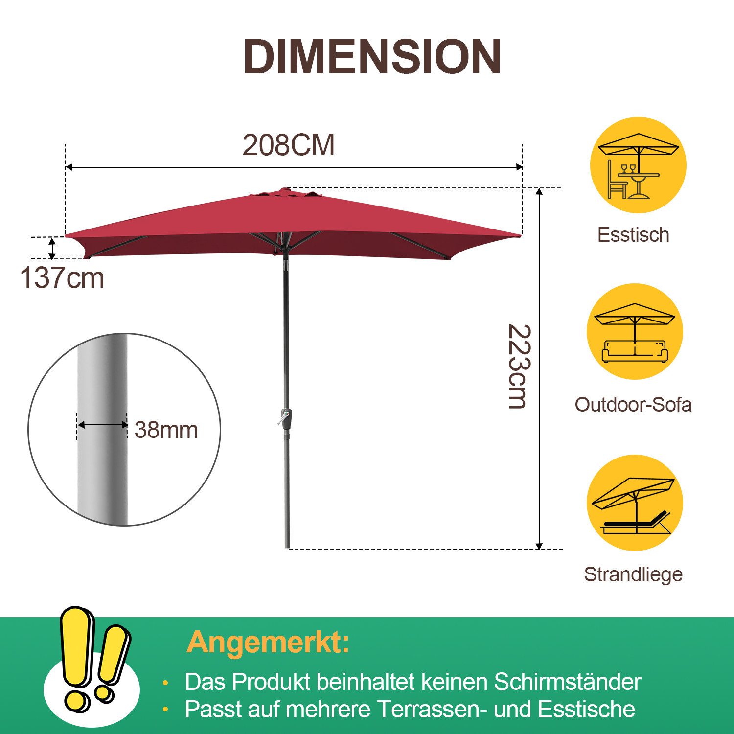 Clanmacy Sonnenschirm Rechteckig Balkonschirm 210x140 cm günstig online kaufen