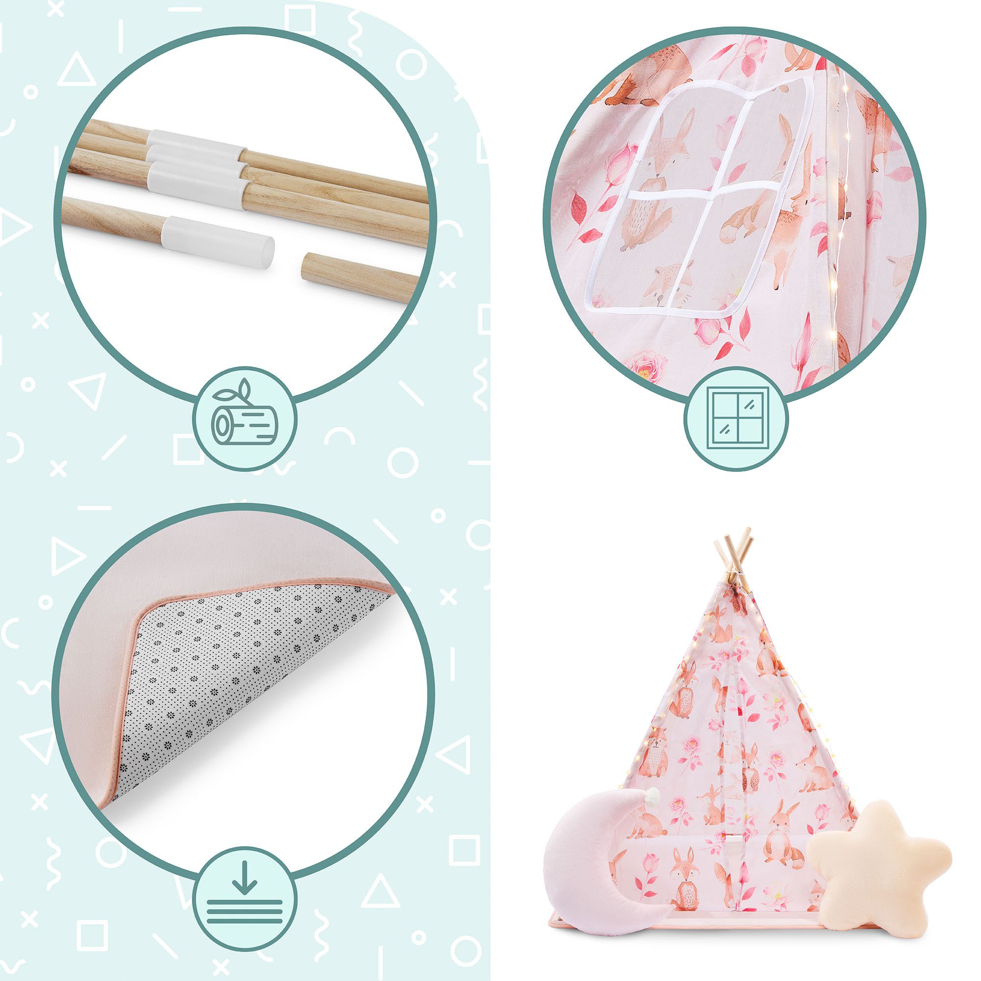 Mamabrum Spielzelt Mamabrum Kinder Tipi Zelt rosa mit Matte, Kissen und LED