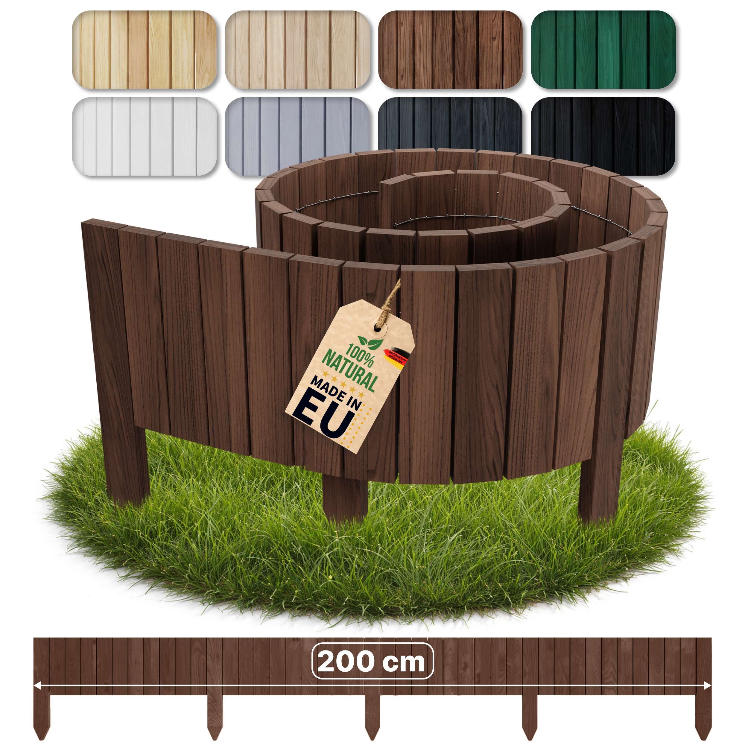 Floranica Beetbegrenzung Rasenkante Flexible Beetumrandung Beeteinfassung Rollborder Gartenzaun, LxH: 200x40 cm, 1 Stk., Dunkelbraun, Holz Umzäunung für Blumenbeeten Gemüsebeeten Kräuterbeeten Rosen