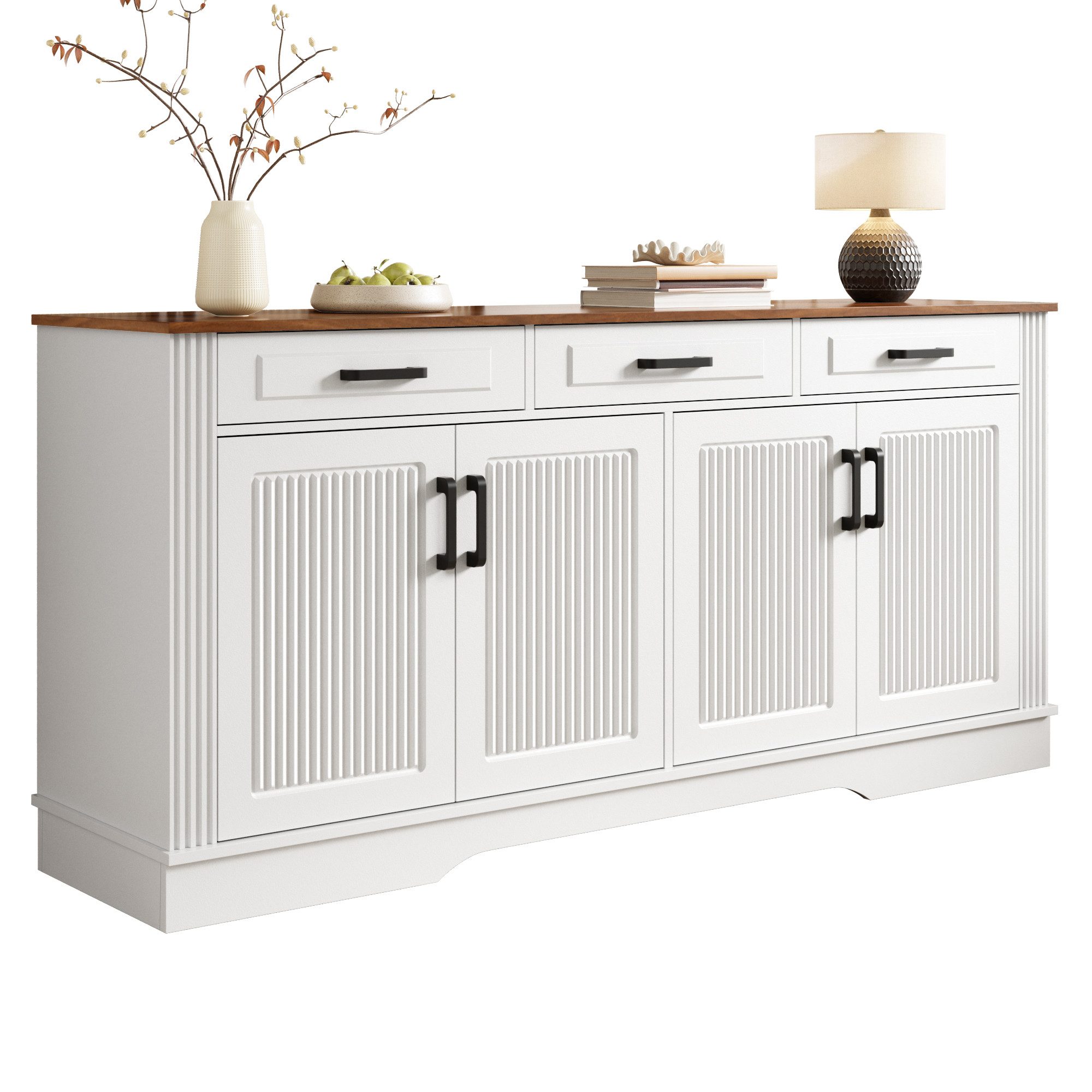 Fine Life Pro Sideboard Wohnzimmerschrank mit 3D-Streifen, 3 Schubladen & 4 Türen aus MDF., Vielseitig für Flur, Wohnzimmer & Esszimmer – stilvoll & praktisch.