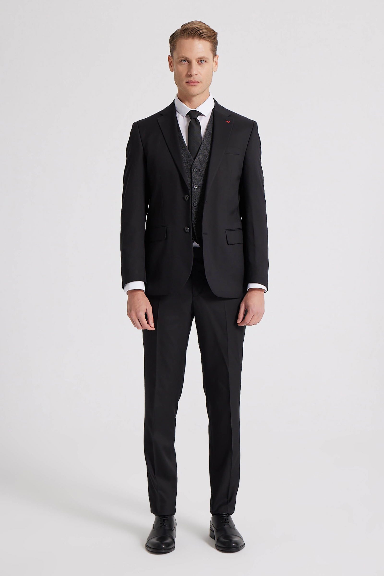 D'S DAMAT Frack-Anzug DS Damat Schwarzer Slim Fit Anzug mit Monochrom-Kragen und Einzelventi