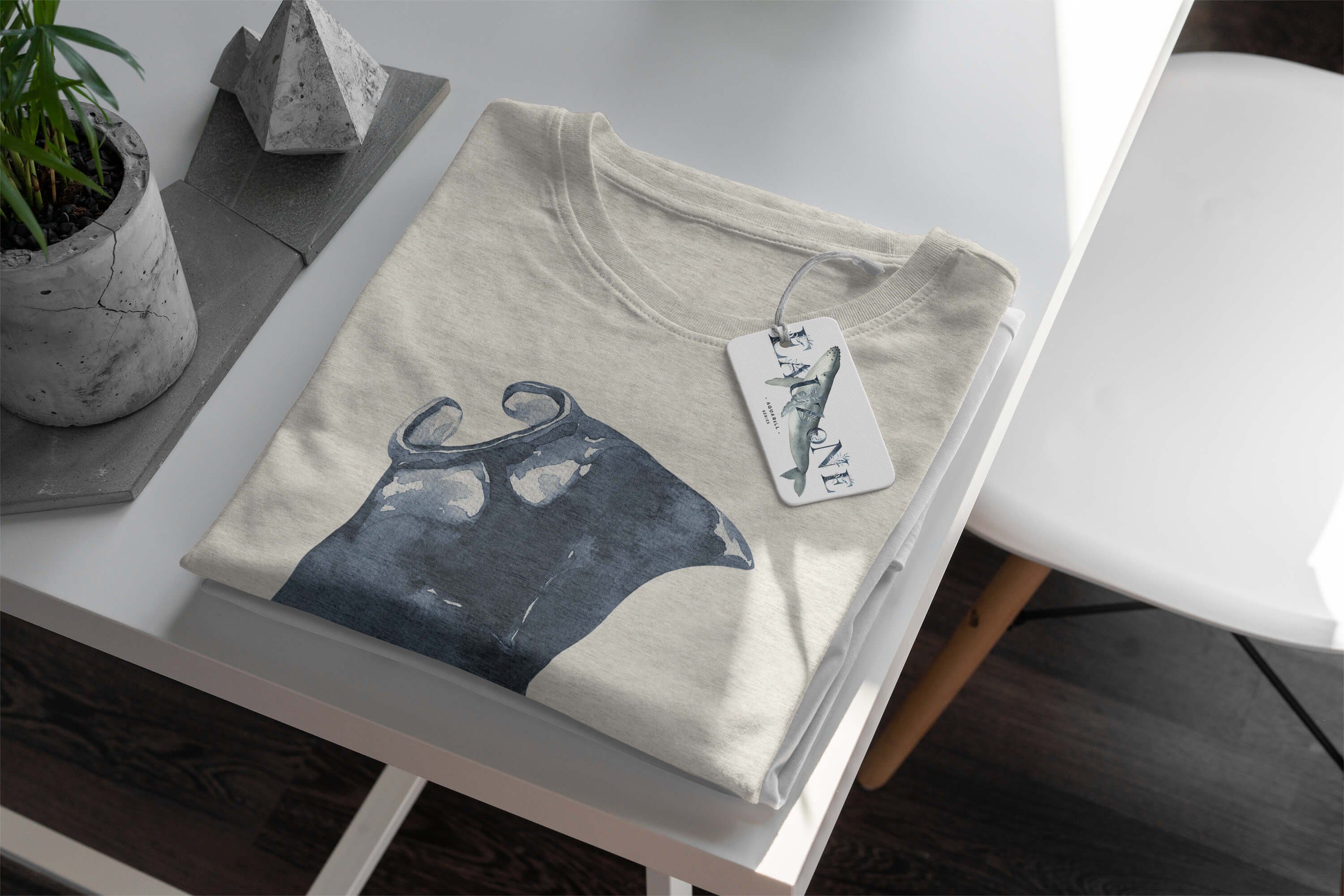 Art (1-tlg) Motiv Rochen T-Shirt Bio-Baumwolle Wasserfarben T-Shirt Nachhaltig Shirt Sinus Herren 100% Mantarochen gekämmte Ö
