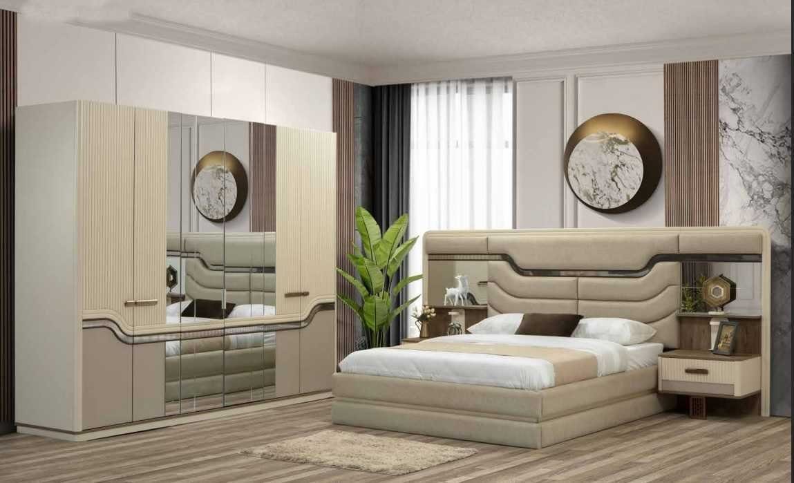 Bett, 2x 4tlg Nachttisch Beige luxuriös Schlafzimmer Schlafzimmer-Set in Kleiderschrank), Made Moderne Möbel (4-St., Bett, JVmoebel Europa Nachttisch, set