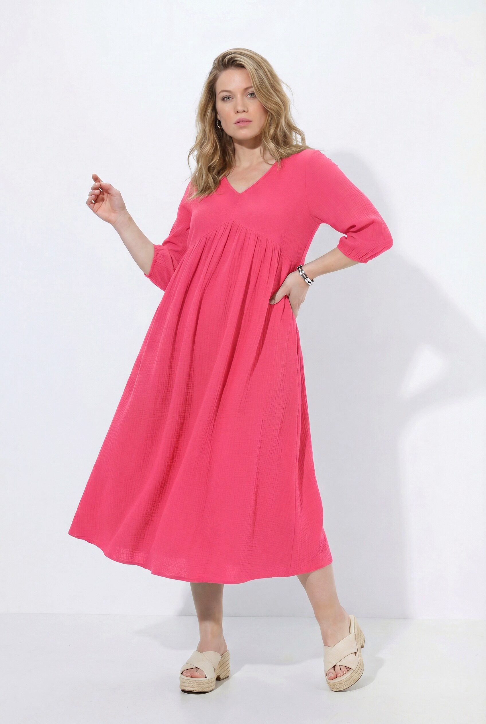 Ulla Popken Maxikleid Musselinkleid A-Linie V-Ausschnitt Langarm