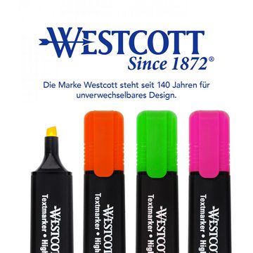 WESTCOTT Marker Textmarker 4 Stück Mix, Highlighter in 4 leuchtenden Farben, (Vorteilspack, 4-tlg., Grün, Gelb, Orange, Pink), 2-5 mm Strichstärke, Premium Tinte aus Deutschland