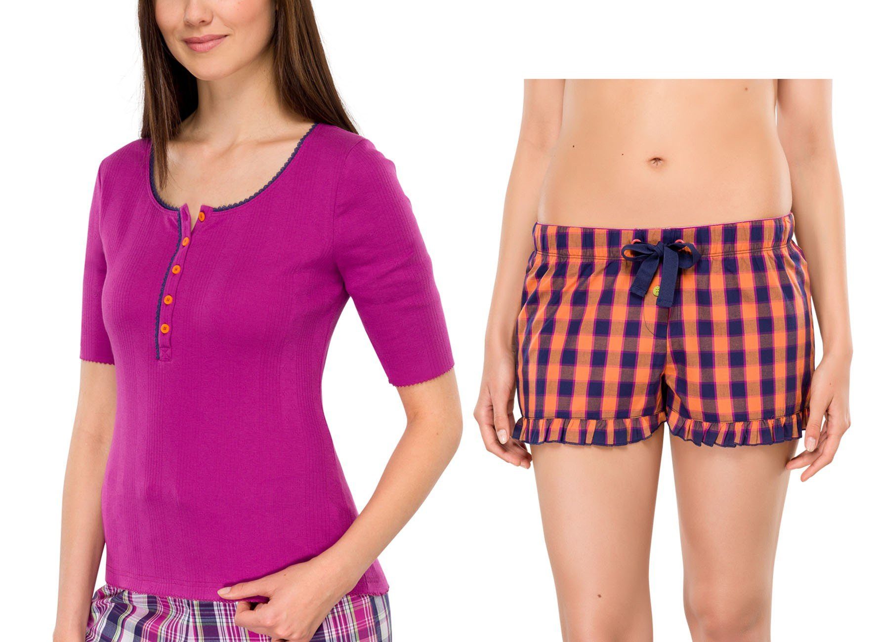 Schiesser Schlafanzug Uncover (Set, 2 tlg., Set) Damen 2er Set: Schlafanzugshose Shorty+Schlafshirt Kurzarm | Pyjama-Sets