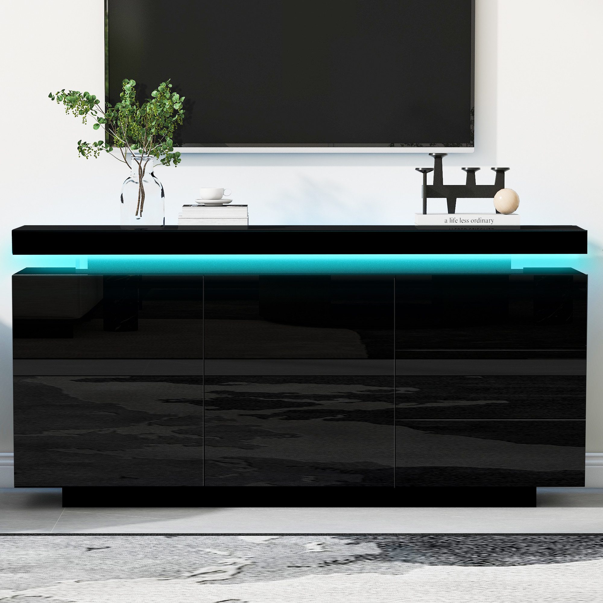 Merax Sideboard hochglanz mit LED inkl. Fernbedienung, Schubkastenkommode, Lowboard,Beistellschrank,Breite 140cm
