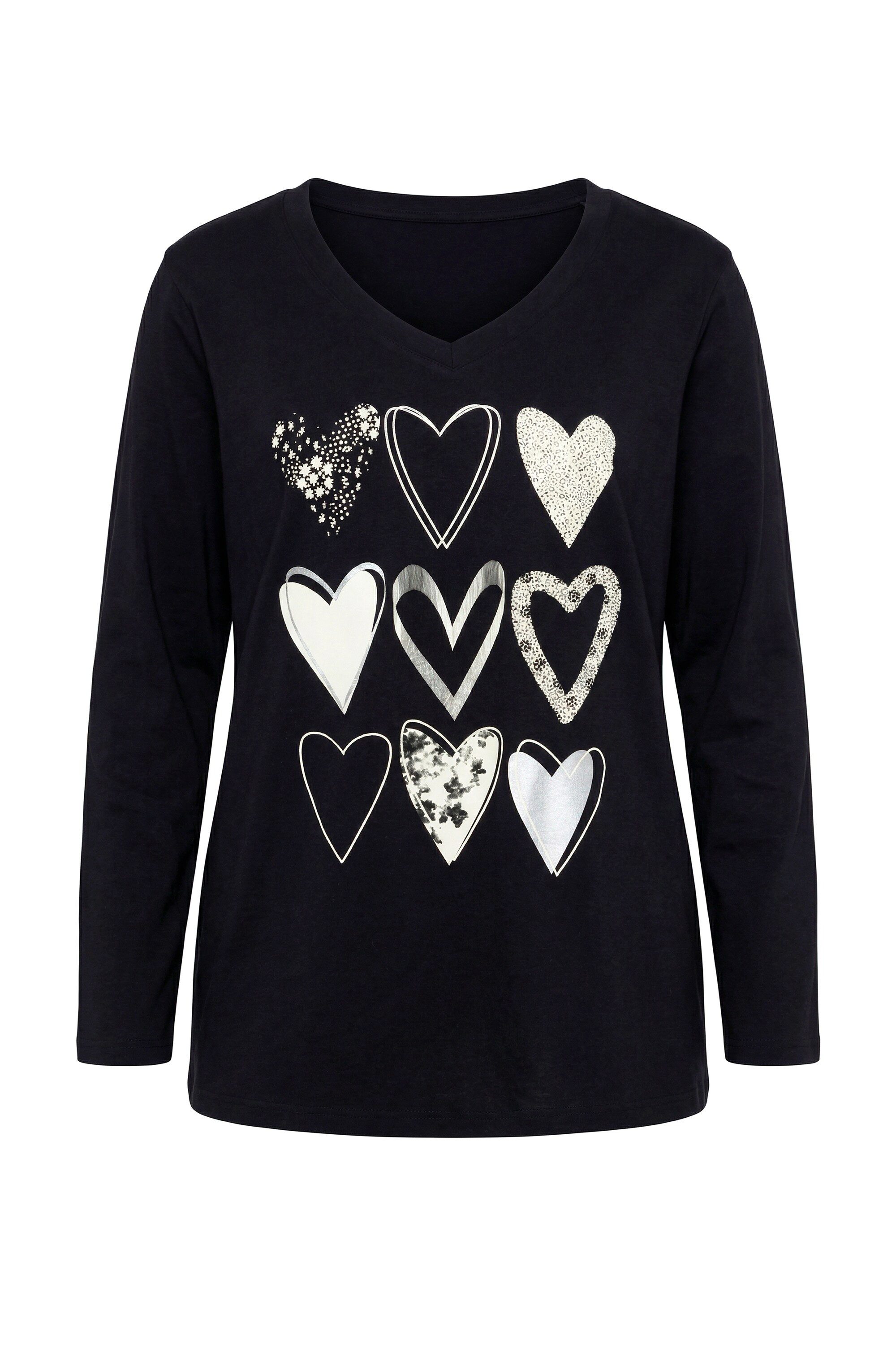 Ulla Popken Longshirt Langarmshirt Herzmotiv V-Ausschnitt Langarm