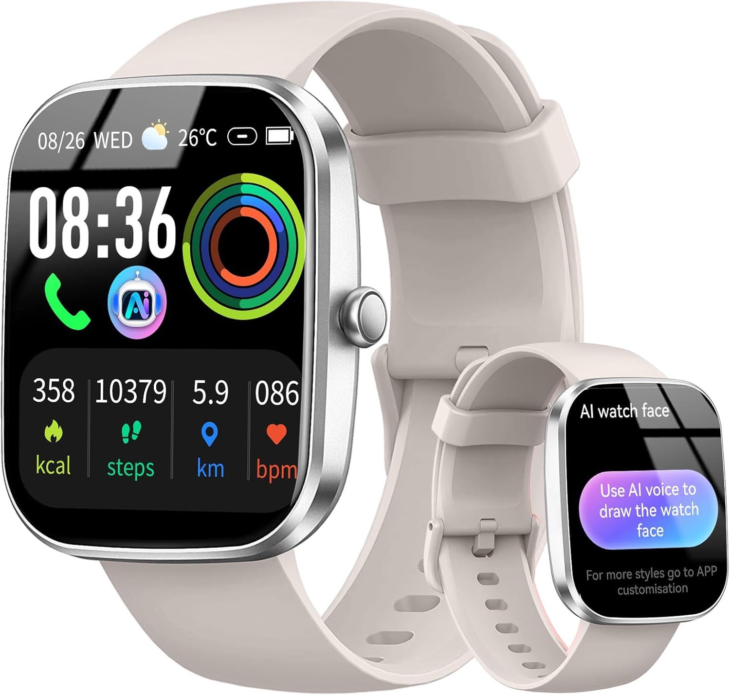 uaue Smartwatch (4,8 cm, android ios), Smartwatch mit 1.91" HD Display, AI-Funktionen und 110 Sportmodi