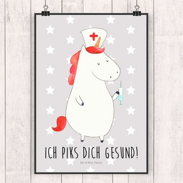 Mr. & Mrs. Panda Poster DIN A2 Einhorn Krankenschwester - Grau Pastell - Geschenk, Ärztin Ges, Einhorn Krankenschwester (1 St), Lebendige Farben