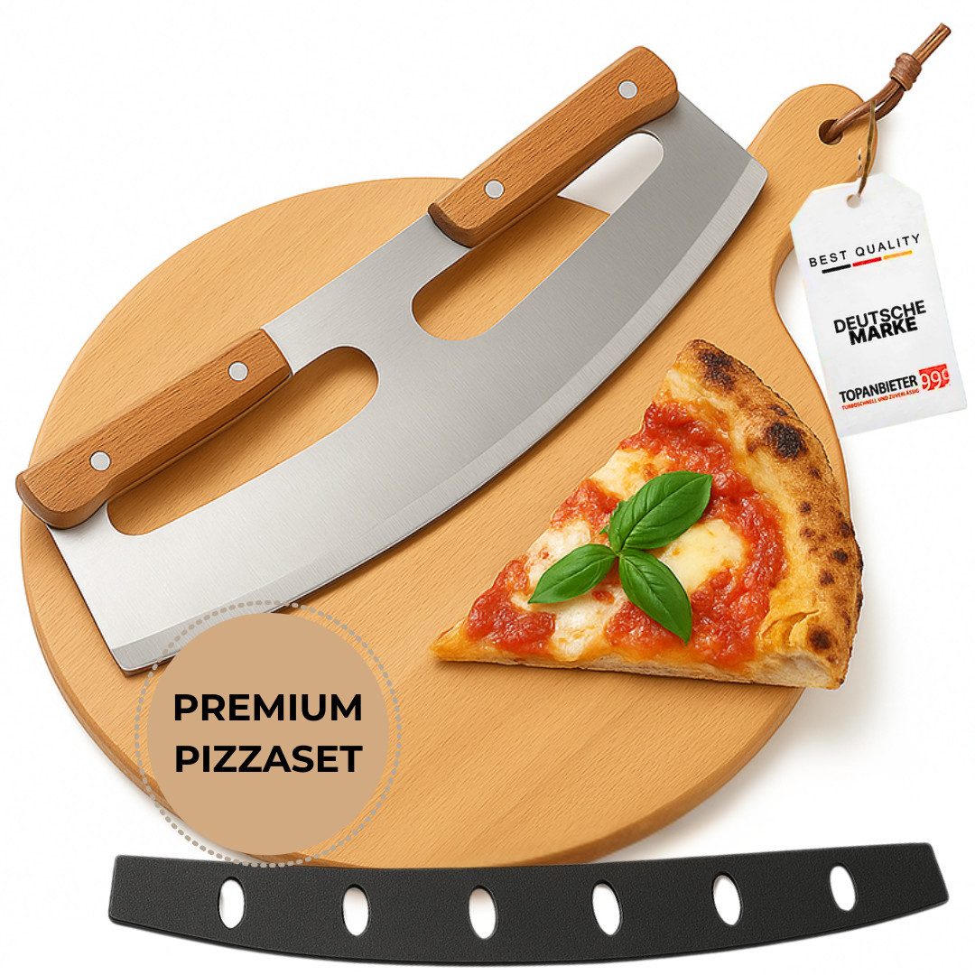 Topanbieter999 Pizzaschneider verschiedene Ausführungen, Set mit Pizzabrett inkl. Lederband zum aufhängen und Klingenschutz