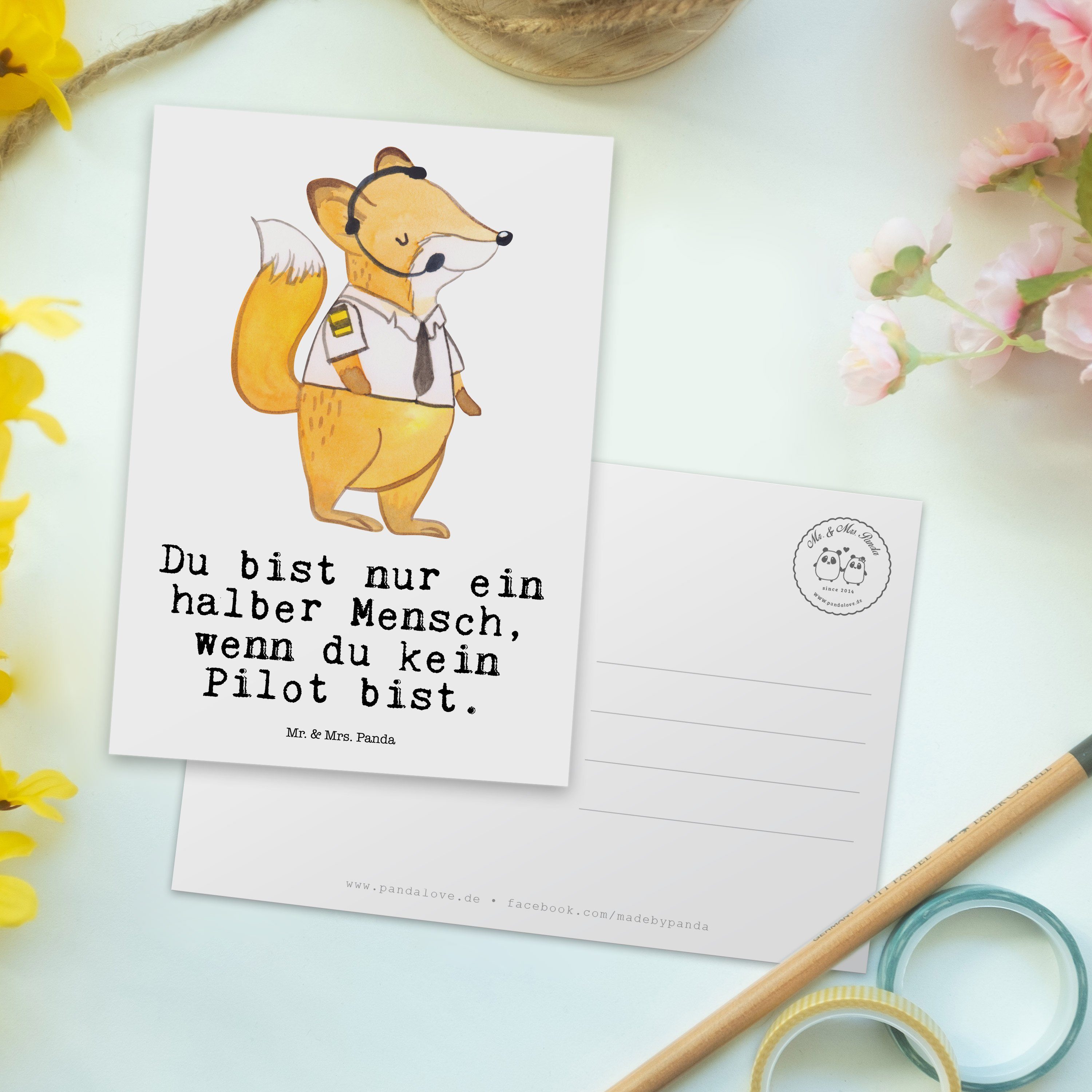 Mr. & Mrs. Panda Postkarte Pilot Geschenkk Cockpit, - Einladungskarte, Herz - Geschenk, mit Weiß