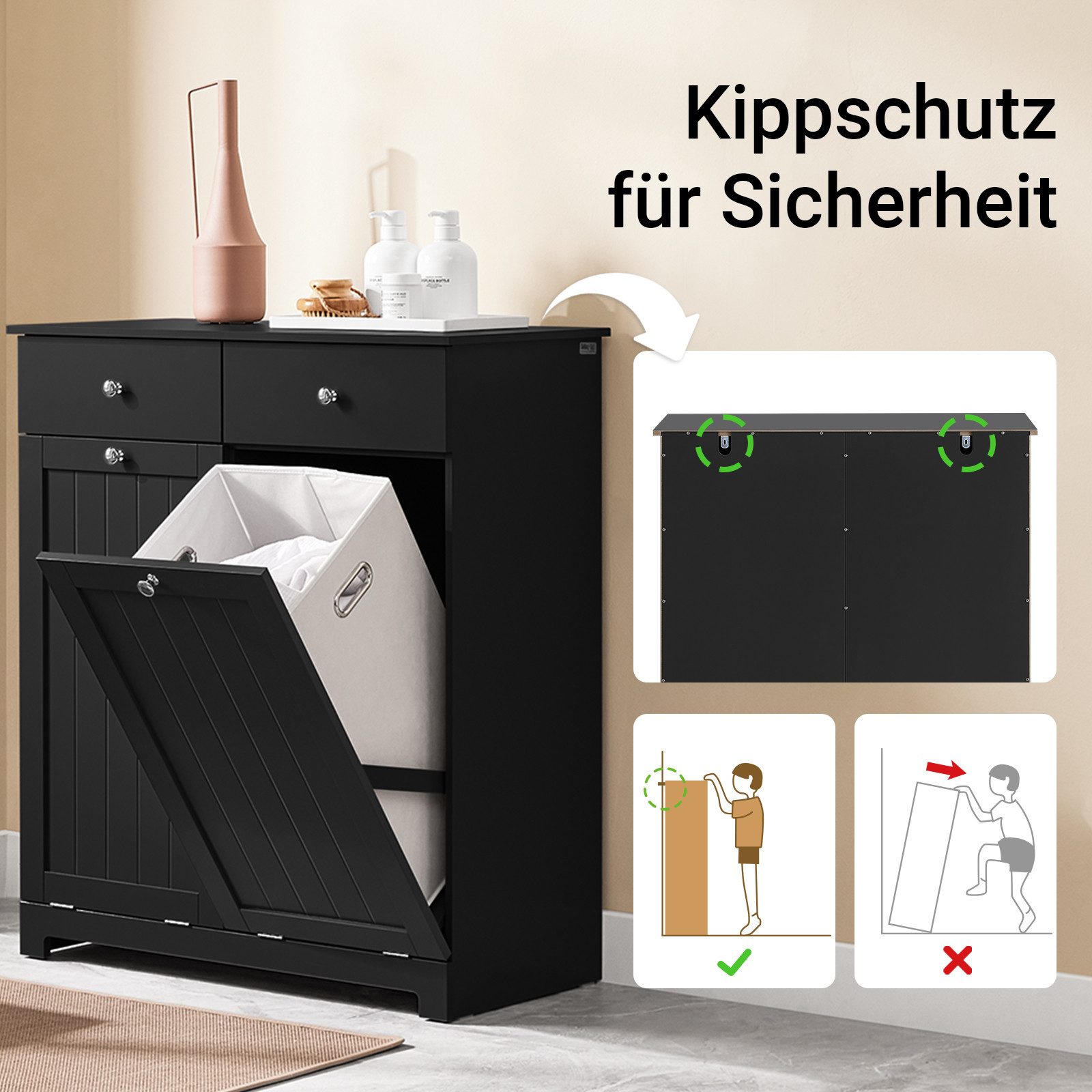 SoBuy Wäscheschrank BZR33, Badezimmerschrank mit Wäschekorb, Wäschesammler, Wäscheschrank mit 2 Schubladen & 2 Wäschekippern, 90L großer Kapazität, Badezimmer