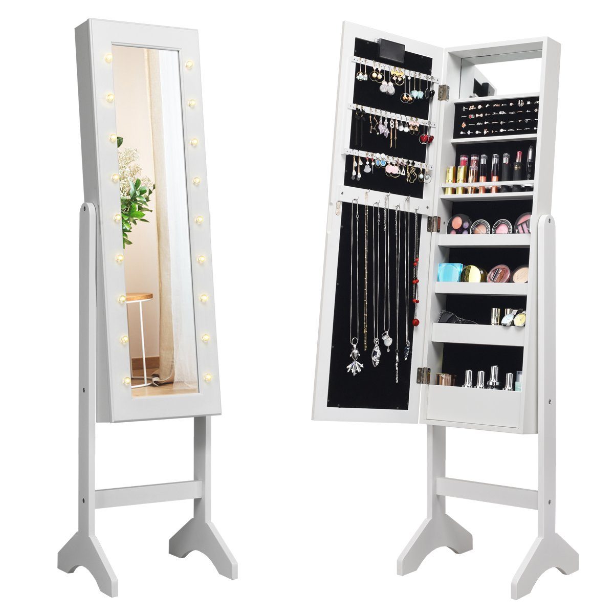 Weiß 35×31,5x145cm LED und Spiegel, mit COSTWAY stehend, Schmuckschrank neigbar,