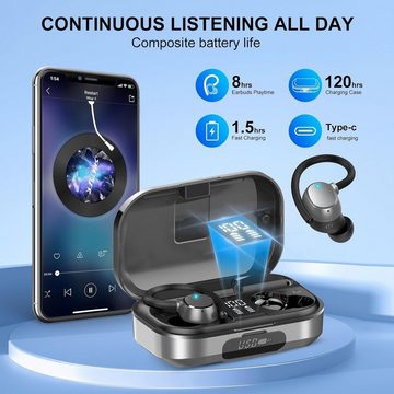 POMUIC Kabellos Bluetooth 5.3 mit HD Mic, 120 Stunden Spielzeit Sport In-Ear-Kopfhörer (Stabile Verbindung und schnelles Aufladen für ununterbrochenen Hörgenuss den ganzen Tag, mit LED-Anzeige, Deep Bass, IP7 Wasserdichte Ohrhörer mit Ohrhaken)