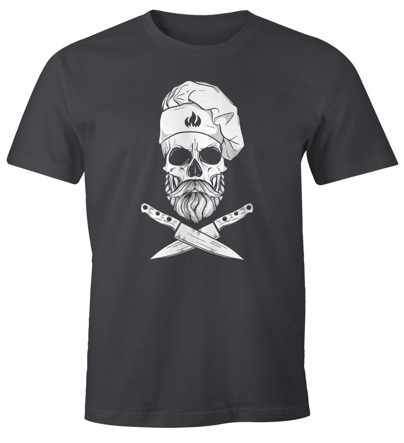 MoonWorks Print-Shirt Herren T-Shirt Grillen Koch Totenkopf Messer Hipster Skull Chef Grill-Shirt Moonworks® mit Print grau