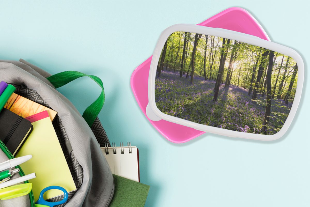 MuchoWow - Blumen Lunchbox Kunststoff, rosa Lavendel, Snackbox, Brotbox für Kinder, Erwachsene, - Mädchen, Brotdose Wald Kunststoff (2-tlg),