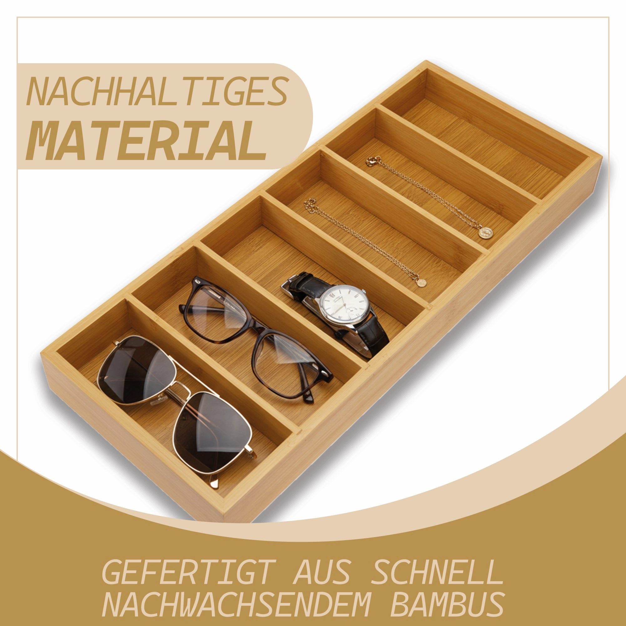 Kibun Organizer Brillen & Office Organizer aus Bambus mit 6 Fächern (40x17x4 cm, 1 St., Flache Sonnenbrillen Aufbewahrungsbox), Schreibtisch Ordnungssystem – Bild 5 von 5