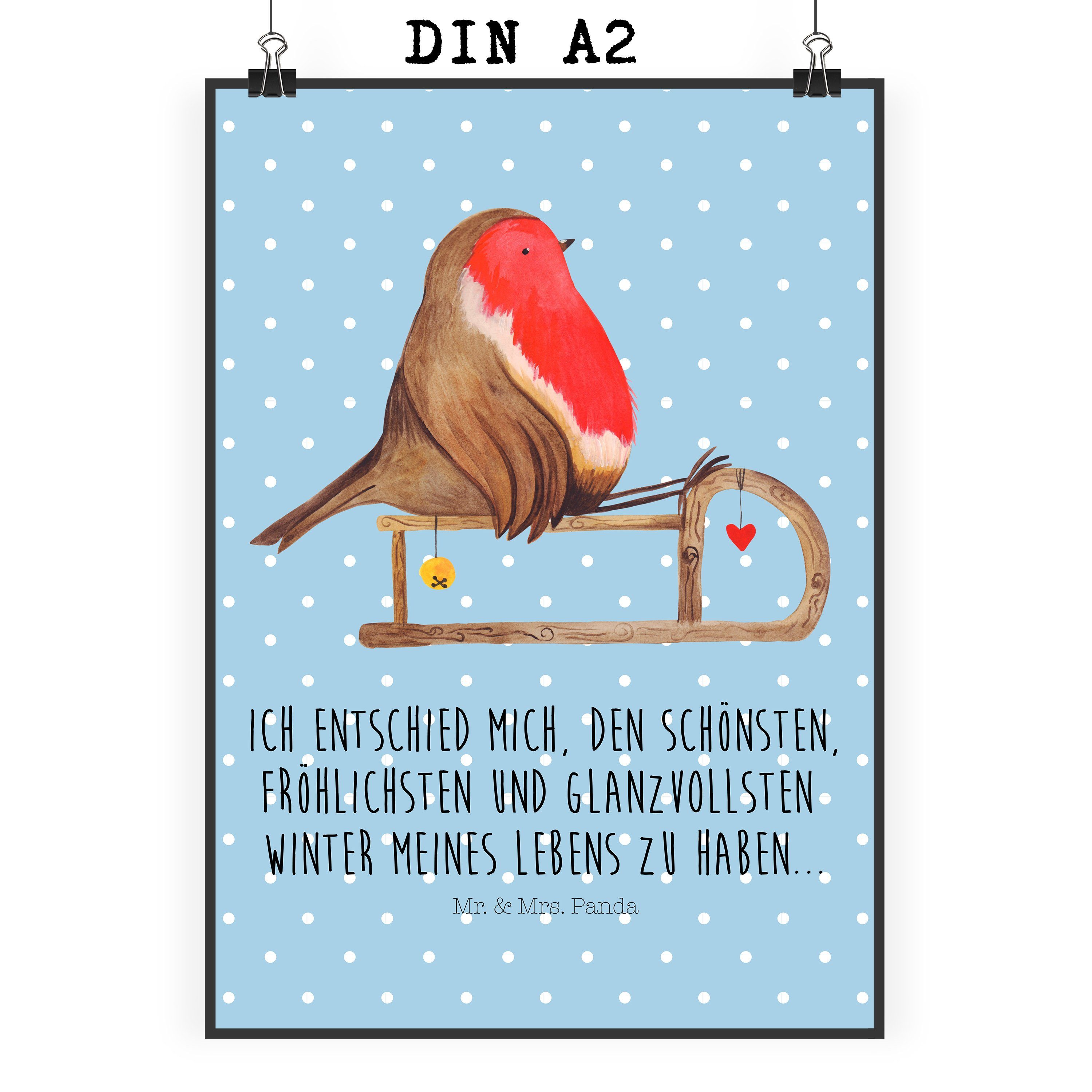 Mr. & Mrs. Panda Poster DIN A2 Rotkehlchen Schlitten - Blau Pastell - Geschenk, Weihnachten, Rotkehlchen Schlitten (1 St), Einzigartige Motive