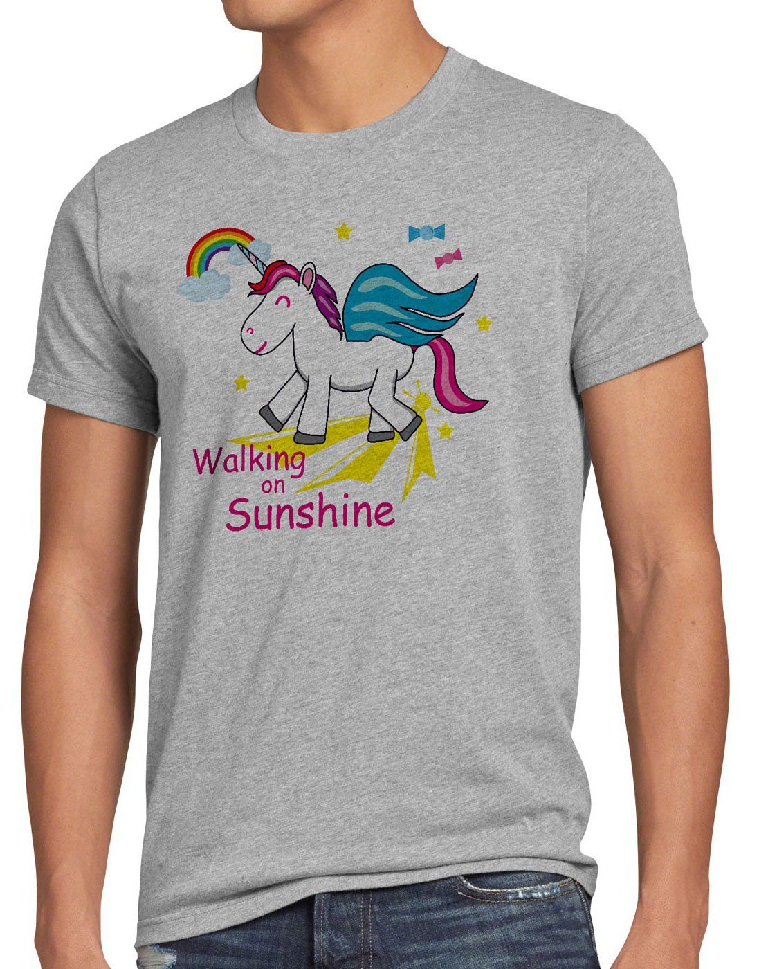 on Walking Einhorn T-Shirt Regenbogen Unicorn Herren meliert Sunshine style3 grau Kinder Fun Spruch Print-Shirt