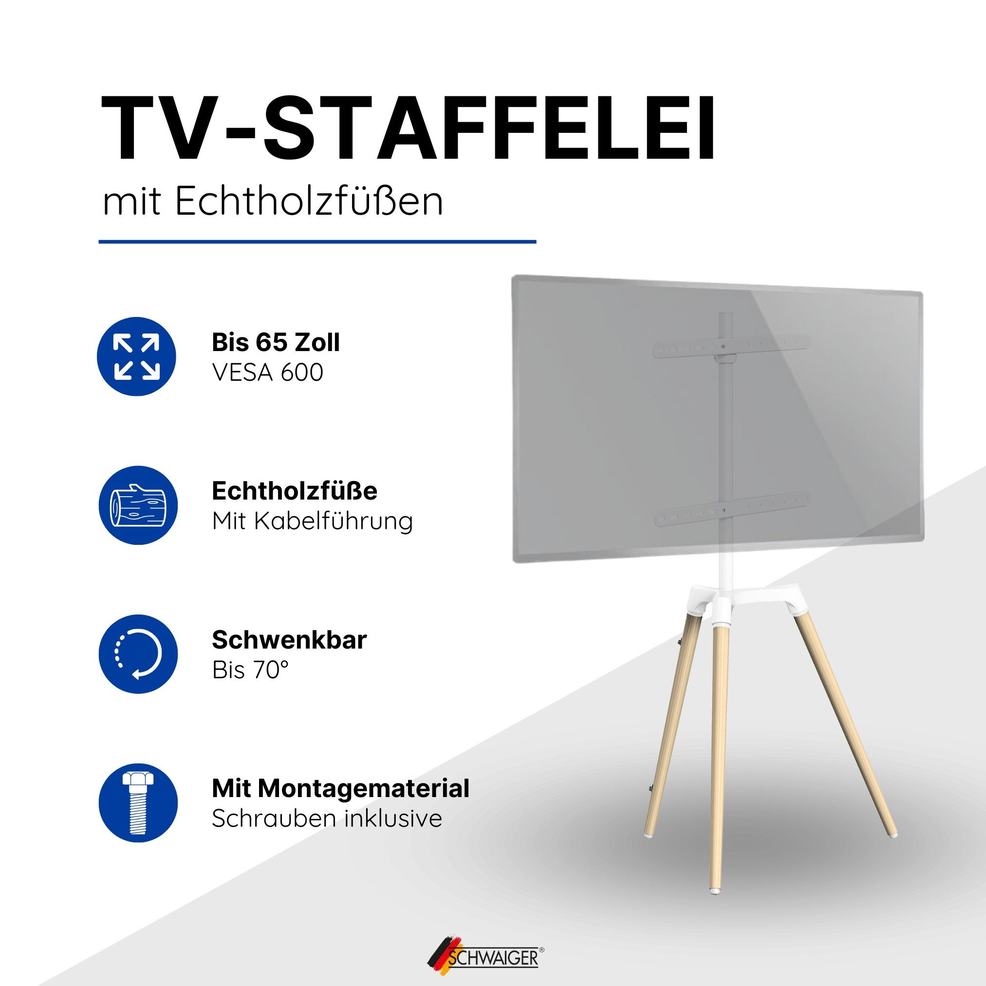 Schwaiger TV-Ständer 658231, (bis 65 Zoll, schwenkbar, bis 35 kg, bis VESA 600mm, integrierter Kabelkanal)