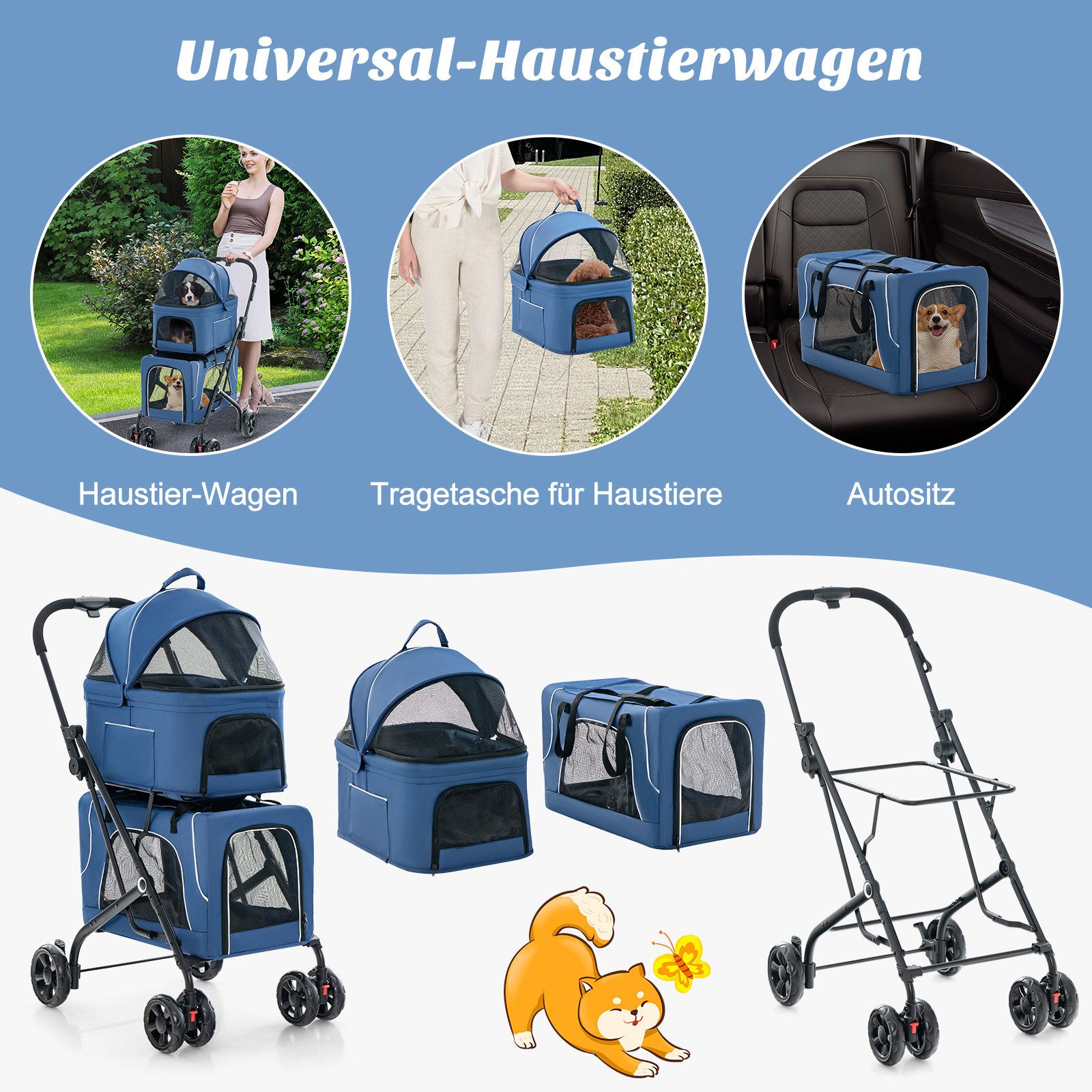 COSTWAY Hundebuggy, 3 in 1 Hundewagen bis 15kg, klappbar