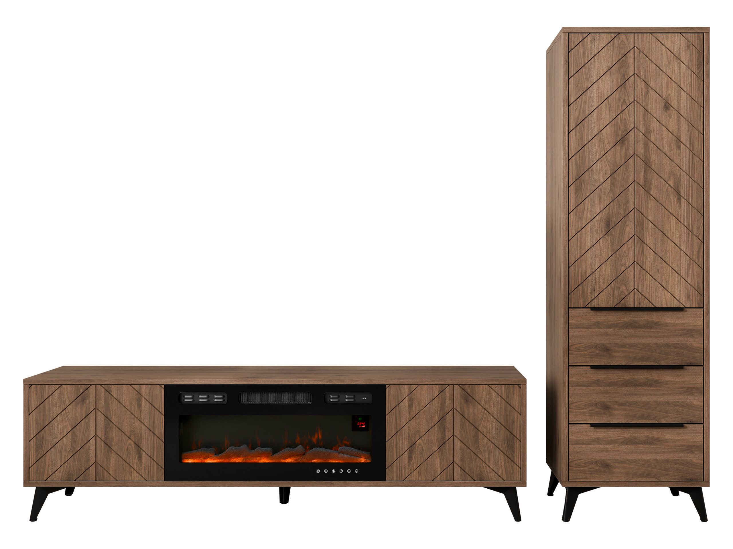 MIRJAN24 Wohnzimmer-Set Xylix Bis III, (2er-Set, Kleiderschrank, TV-Lowboard mit Kamin), Griffe und Füße aus Metall in der Farbe Gold – Bild 2 von 5
