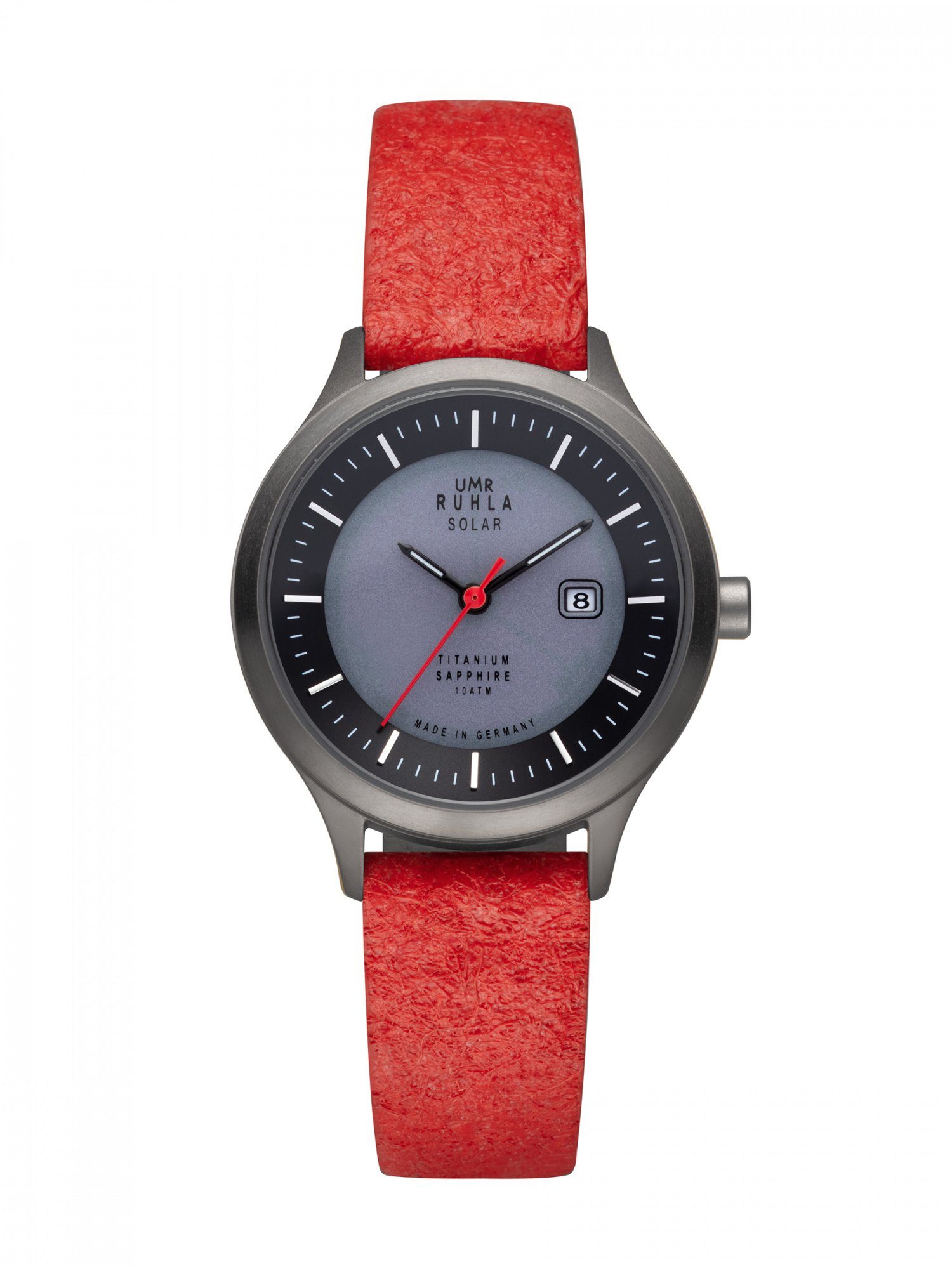 UMR Ruhla Quarzuhr Titan Damenuhr Solar 96962 Saphirglas Lederband Rot 32 mm, Made in Germany