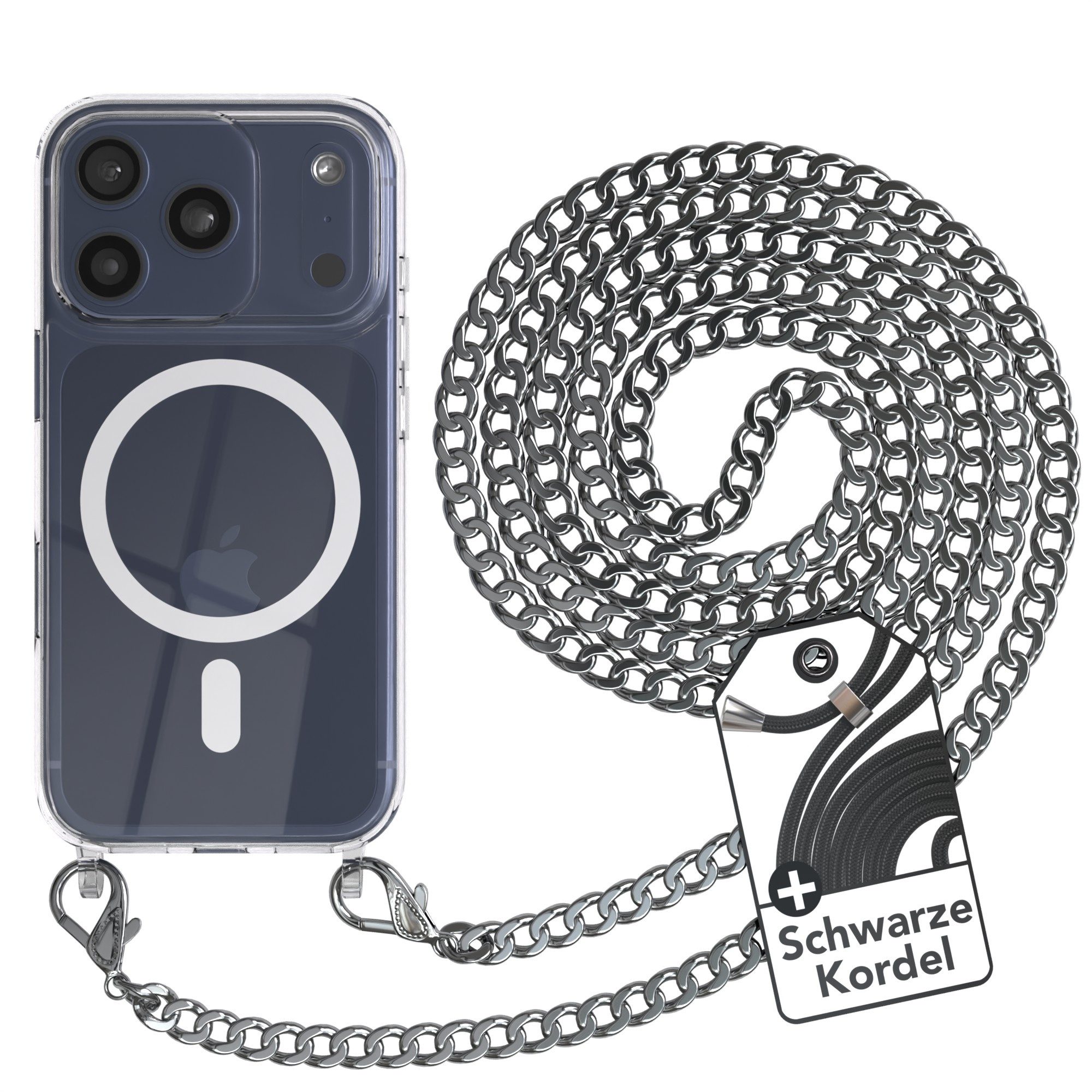 EAZY CASE Handykette 2in1 Metallkette MagSafe Hülle für iPhone 17 Pro 6,3 Zoll, Hülle mit Band Silikon Handytasche durchsichtig Chain Slimcover Silber
