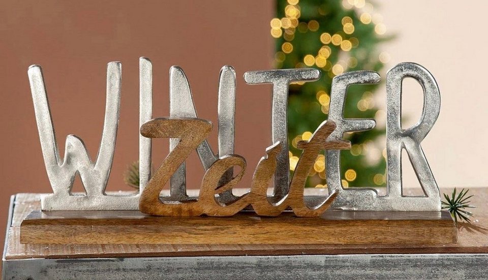 GILDE Dekoobjekt Schriftzug Winterzeit auf Holz-Base in Aluminium und Mango- Holz, Natur