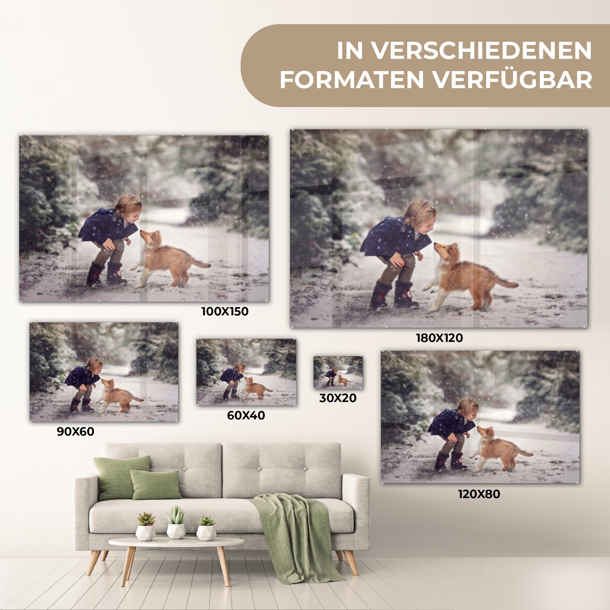 MuchoWow Acrylglasbild Mädchen - Hund Wohnzimmer (1 Schlafzimmer Acrylglasbilder - - Schnee & Winter, St)