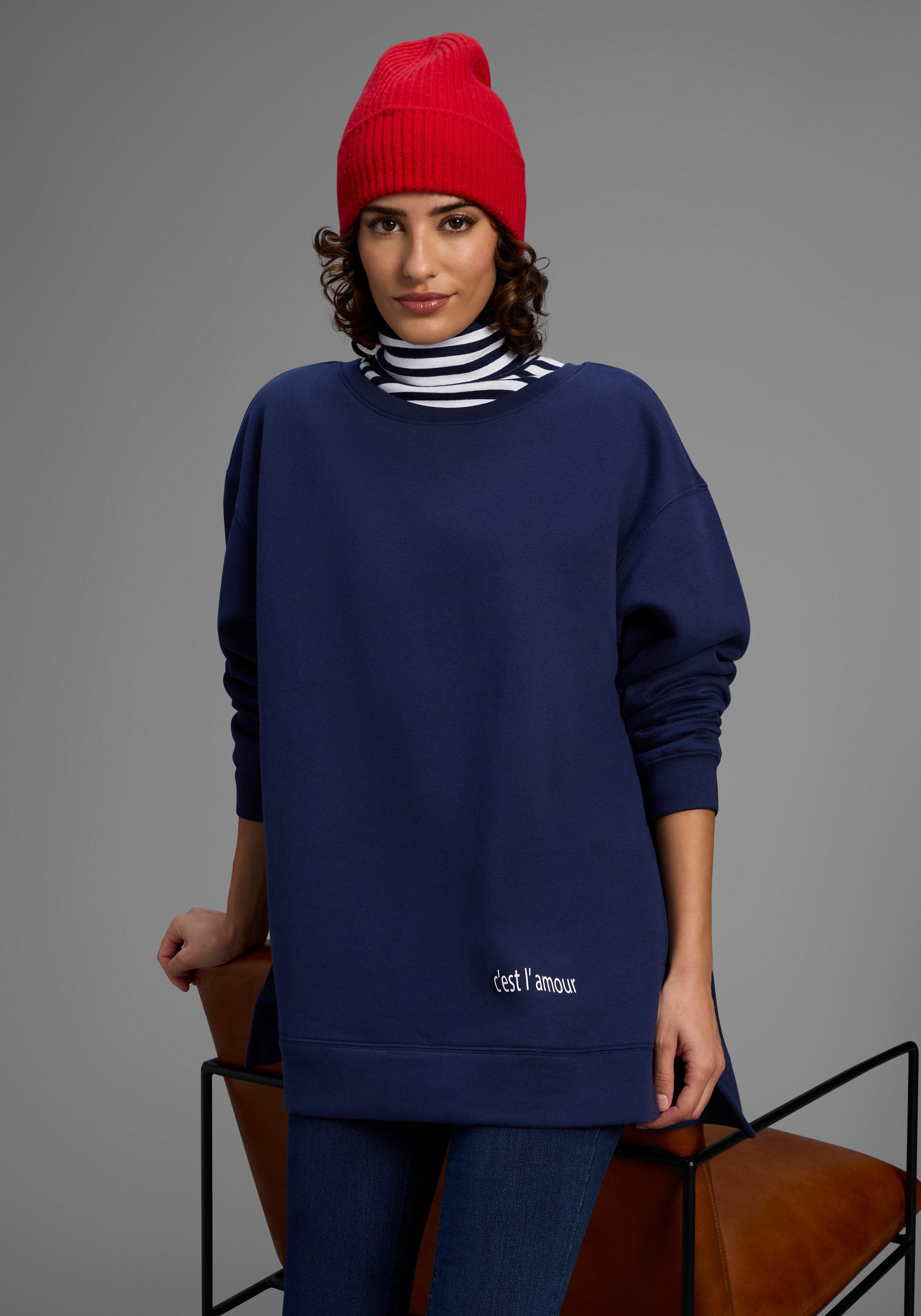 Laura Scott Longsweatshirt Weiche Baumwollmischung mit Seitenschlitzen und günstig online kaufen