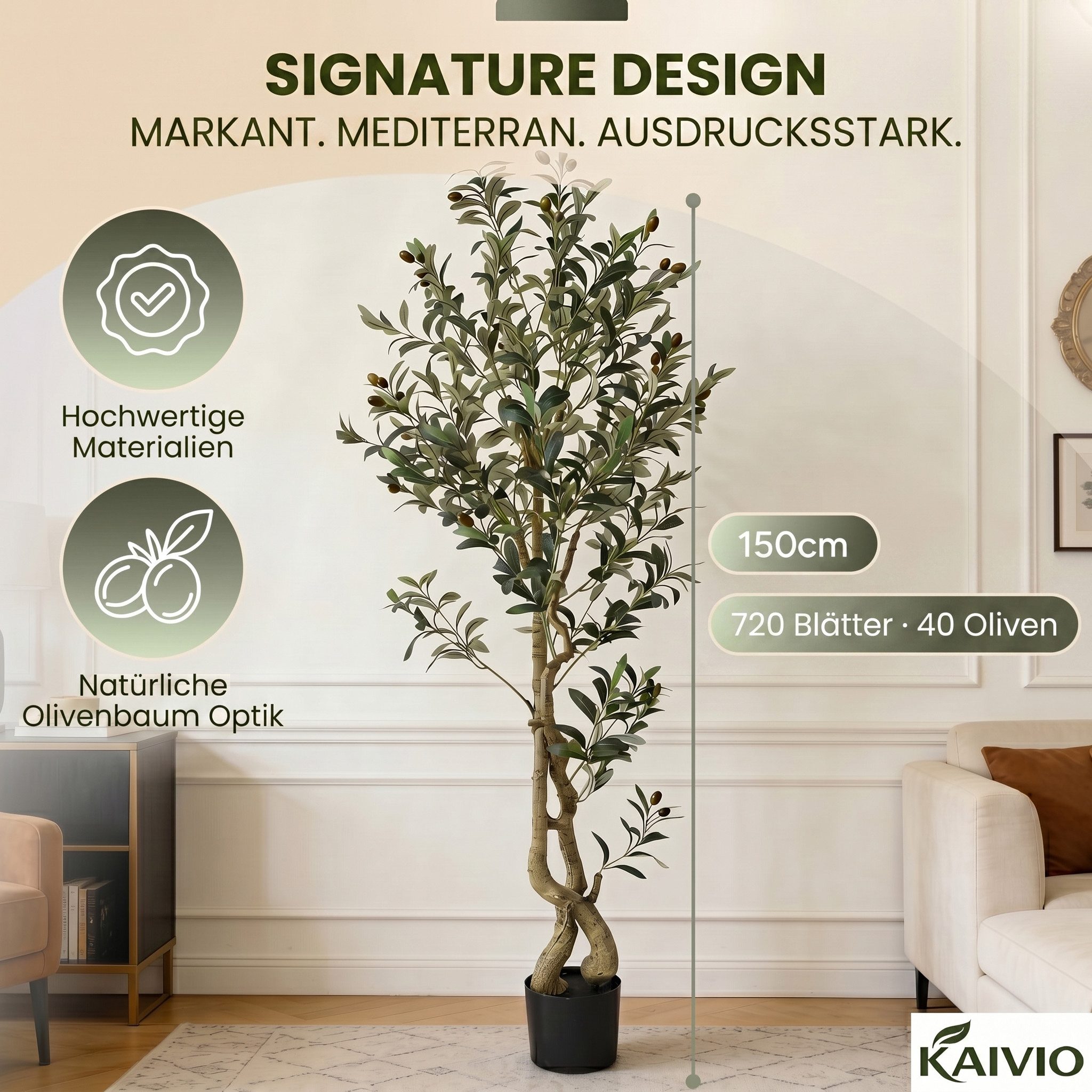 Kunstbaum KAIVIO Künstlicher Olivenbaum 150 cm Signature, Kaivio, Höhe 150 cm, Naturgetreue Optik mit 720 Blättern und 40 Oliven – Bild 3 von 5