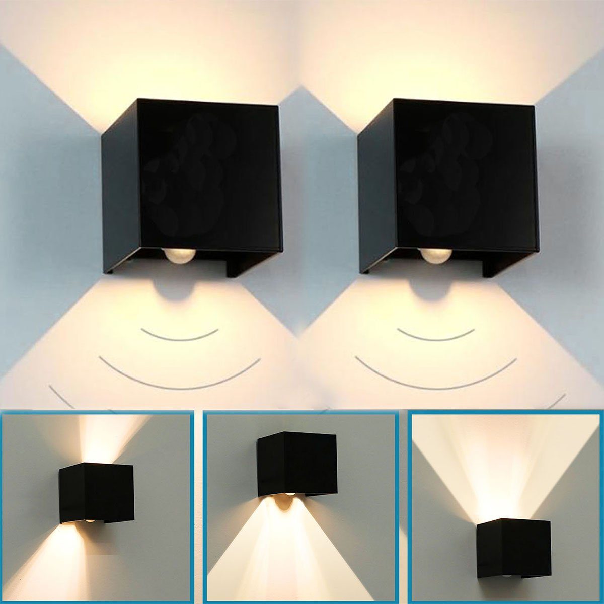 oyajia Wandleuchte LED Wandleuchten Innen/Außen 7W Wandlampe Innen Auf & ab Einstellbarer, LED fest integriert, 3000K Warmweiß LED Außenwandleuchte Wasserdichte IP65 2 Stück mit Bewegungssensor