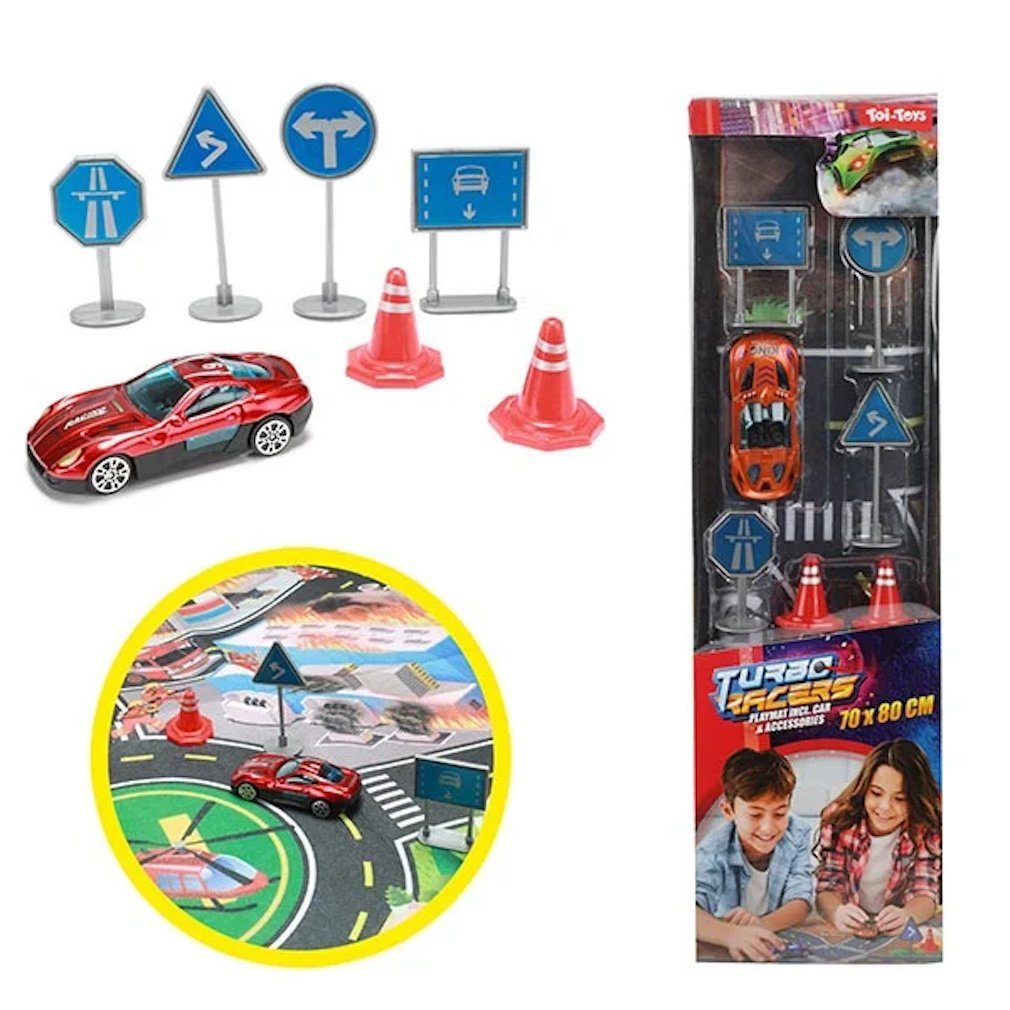 Toi-Toys Spielzeug-Rennwagen Spielautos mit einer Spielmatte und Verkehrszeichen oder Tierfiguren