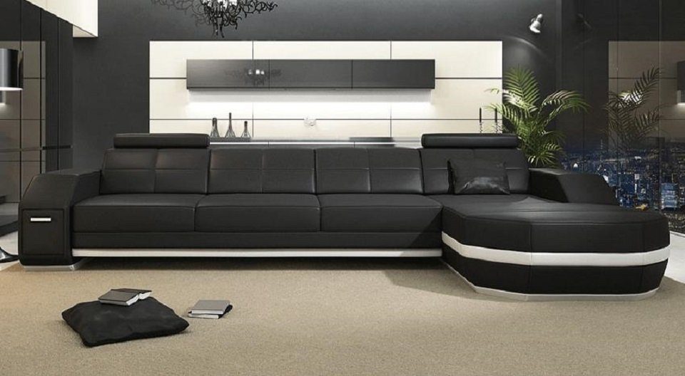 Moderne Couch Schwarz/Weiß Ecksofa, Polster Flackschiff Wohnlandschaft Wohnzimmer JVmoebel Sofa Leder