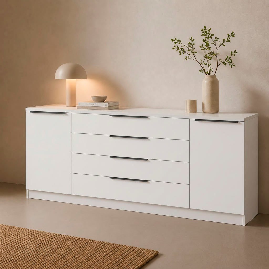 borchardt Möbel Sideboard Tom, moderne Kommode mit Metallgriffen, 200cm breit, 2 Türen, 3 Schubfächer, Metallgriffe anthrazit