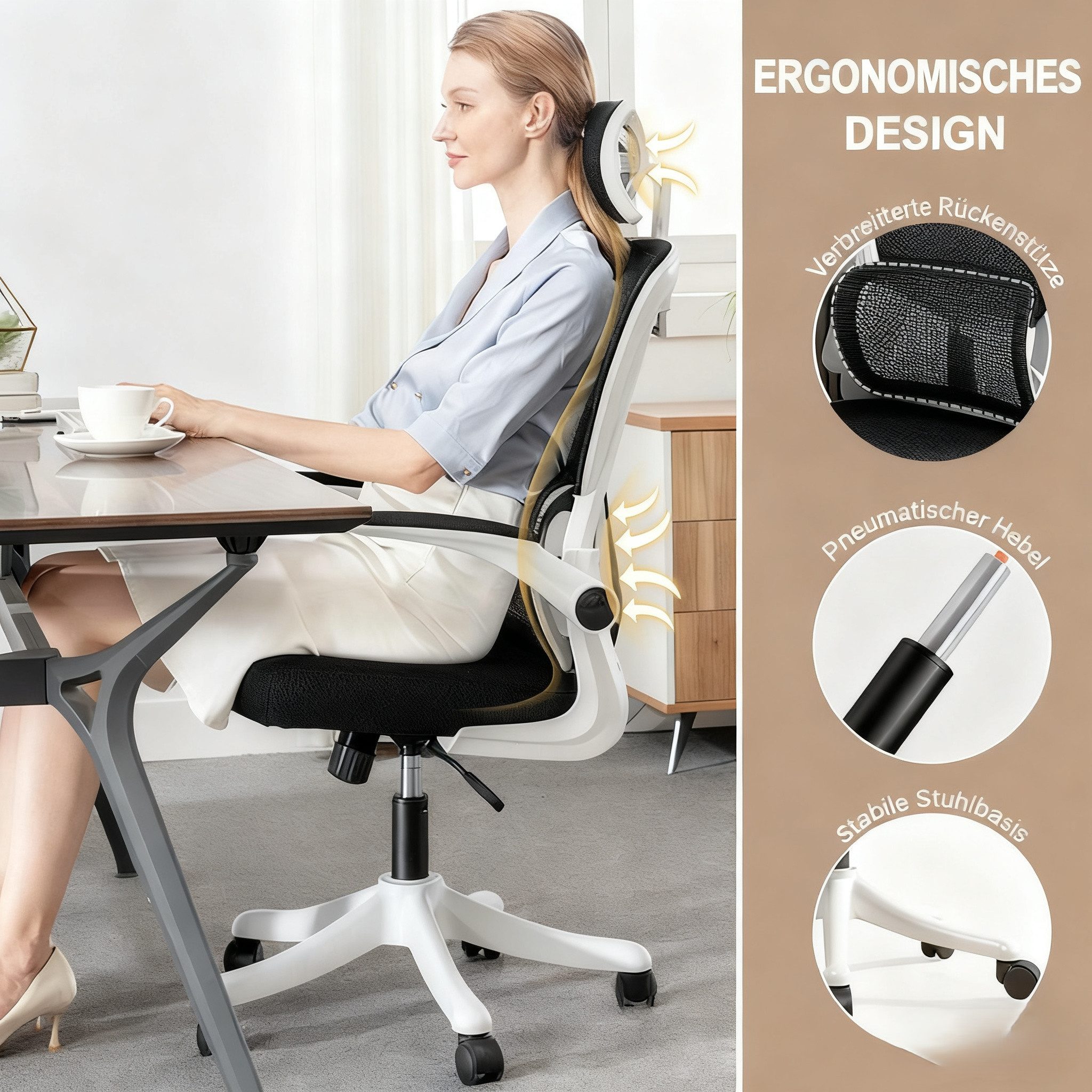 HDHNBA Schreibtischstuhl ergonomisch mit verstellbarer Kopfstütze & klappbaren Armlehnen (1 St), Bürostuhl mit hoher Rückenlehne, Drehstuhl für Home-Office – Bild 3 von 5