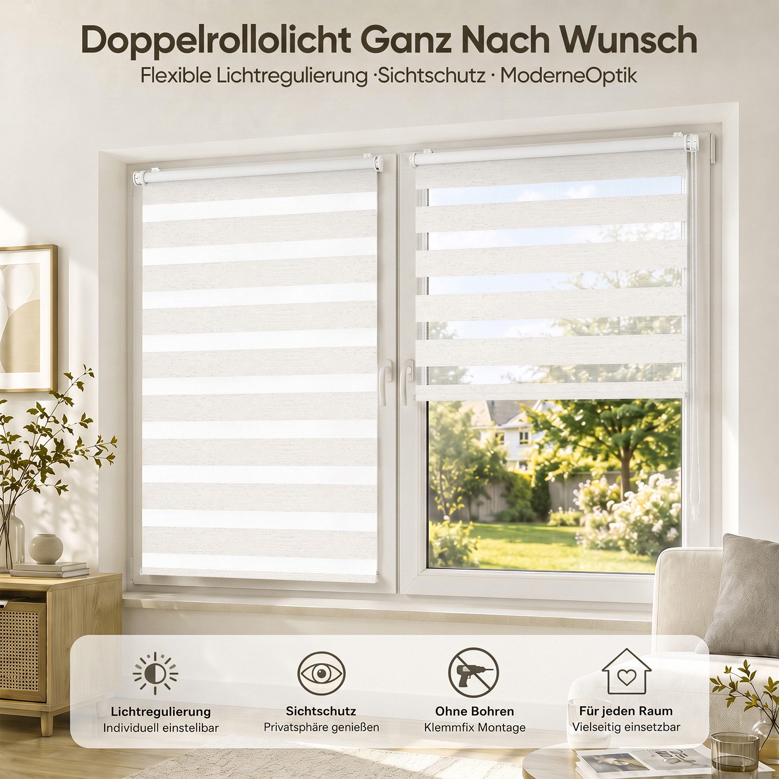 Doppelrollo Doppelrollo Klemmfix ohne Bohren Duo Rollo Leinenoptik Rollo Jalousie, Sekey, Klemmfix, für Fenster und Tür, freihängend mit Klemmträger, Seitenzugr – Bild 4 von 5