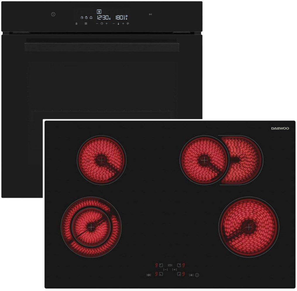Daewoo Backofen-Set Schwarz SoftClose 73 L Hydrolyse Full Touch Display Bräterzone, mit Nachrüstbar, Hydrolyse