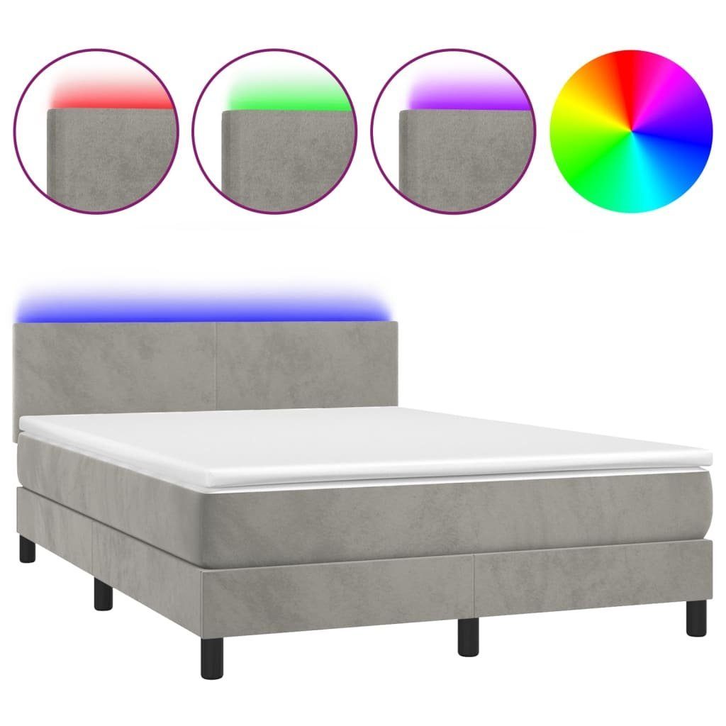 vidaXL Boxspringbett 140 x 200 cm Boxspringbett mit Matratze LED Hellgrau 140x200 cm Samt