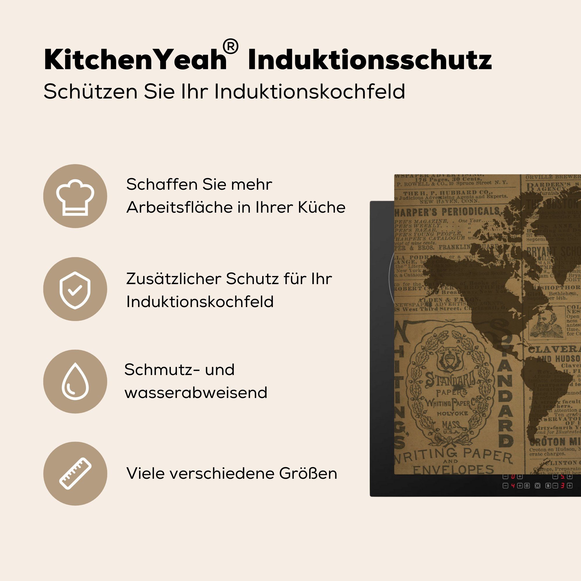 küche, 81x52 Vinyl, (1 - die tlg), cm, Herdblende-/Abdeckplatte MuchoWow Ceranfeldabdeckung Schutz Induktionskochfeld Braun für Weltkarte - Zeitungspapier,