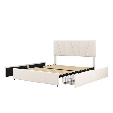 DOPWii Bett Double Size Polster Plattform Bett mit vier Schubladen auf zwei Seiten, Polsterbett,Stauraumbett,Verstellbares Kopfteil,Beige(140*200cm)
