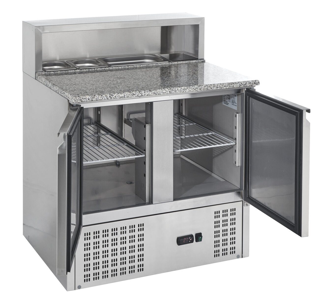 GastroHero Dönergrill Pizzatisch ECO 900 mit Granitplatte Kühltisch 2 Türen 176L, 340 W