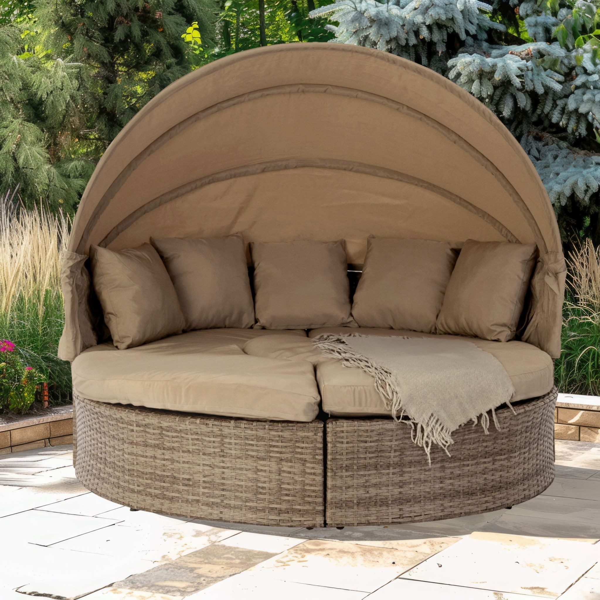 Wohnando Garten-Essgruppe Garten-Sonneninsel "Sol", Gartenlounge-Set 172x172x142cm (BxTxH), (3-tlg), Rattan Lounge inkl. Dach, beige, Loungebett, Gartenmöbel