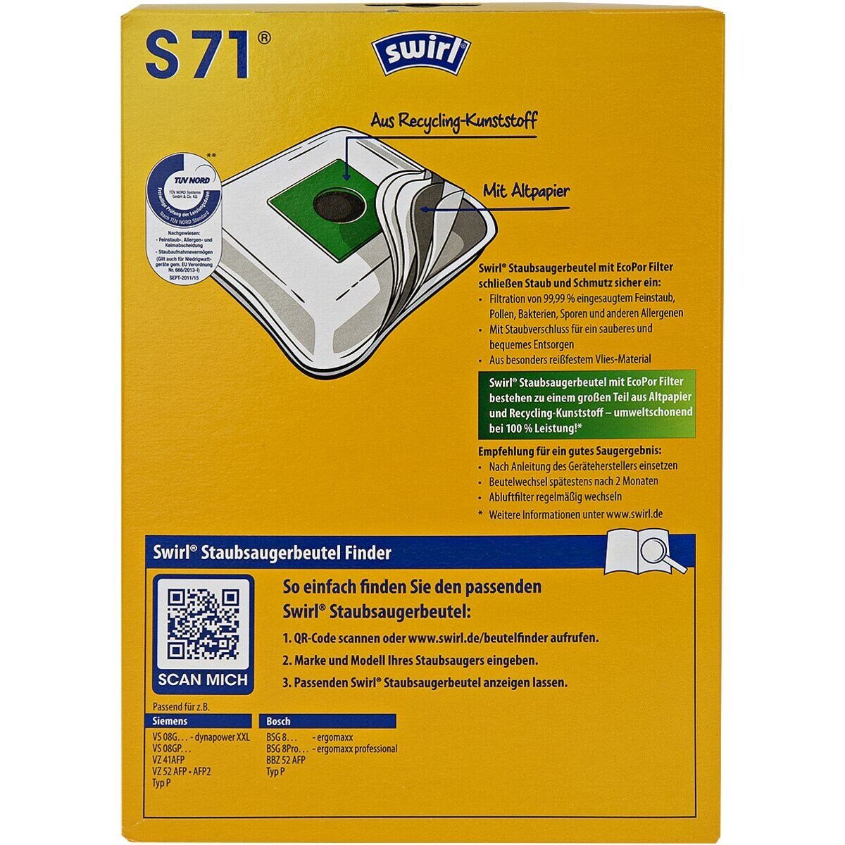 Swirl Staubsaugerbeutel S71 MP Plus AirSpace, passend für BOSCH, Hanseatic, Melitta, Privileg, Siemens, 4 St., Anti-Allergen-Filtration, Extra-Filterkammer, staubfreie Entsorgung