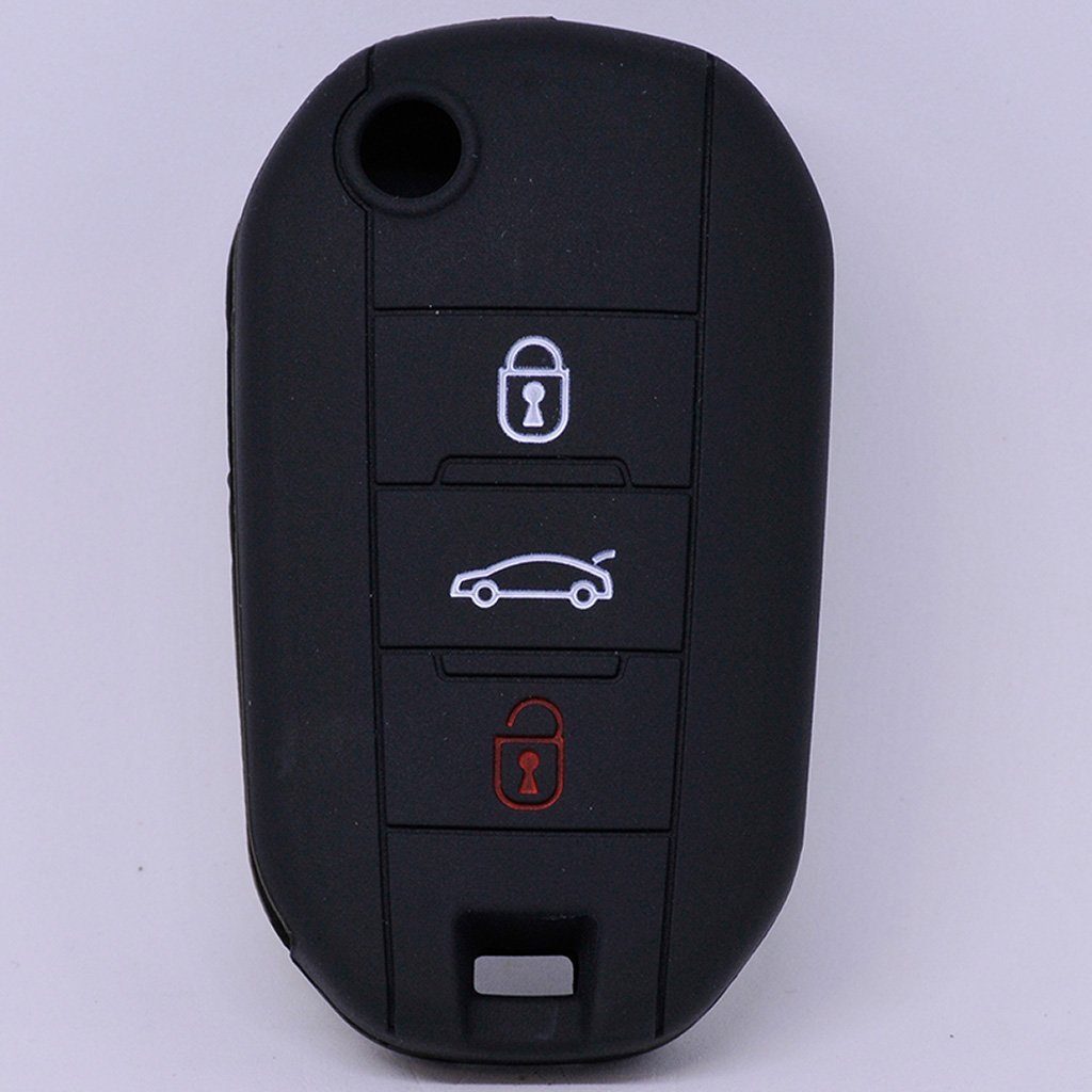mt-key Schlüsseltasche Autoschlüssel Schutzhülle C4 Peugeot Jumpy Klappschlüssel Picasso Softcase Tasten Silikon 3 Schwarz, für Flip Citroen