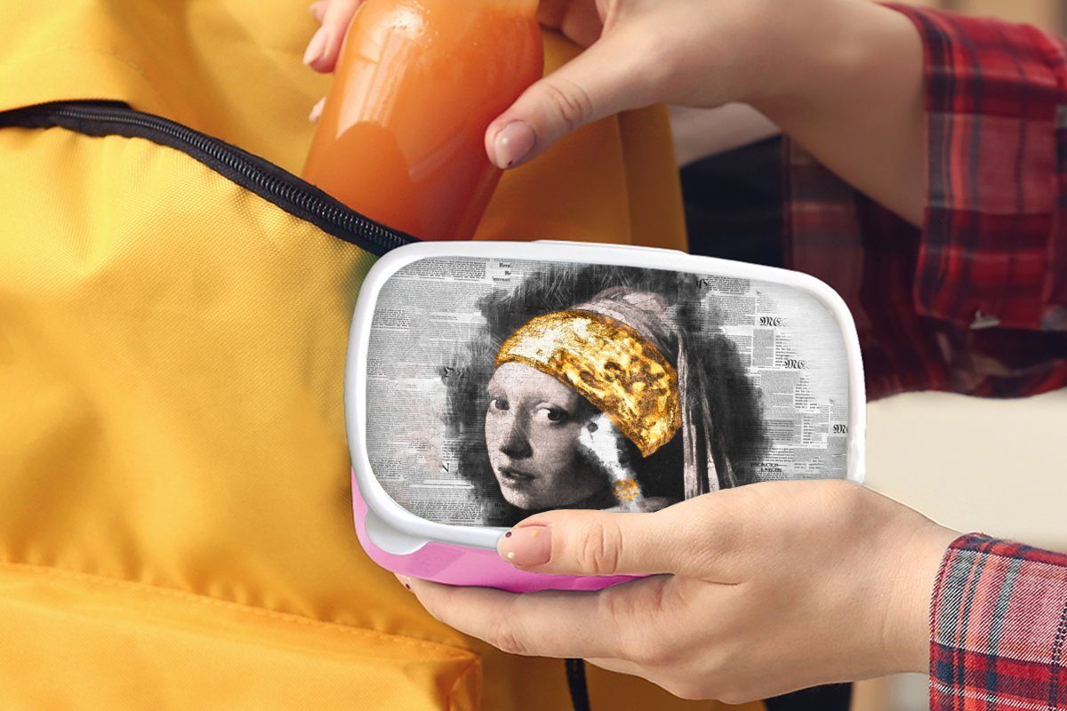 MuchoWow Lunchbox Brotbox - Collage, Das Mädchen mit dem Perlenohrring Kunststoff, Snackbox, Kinder, (2-tlg), Vermeer Erwachsene, - Brotdose rosa Kunststoff Mädchen, für