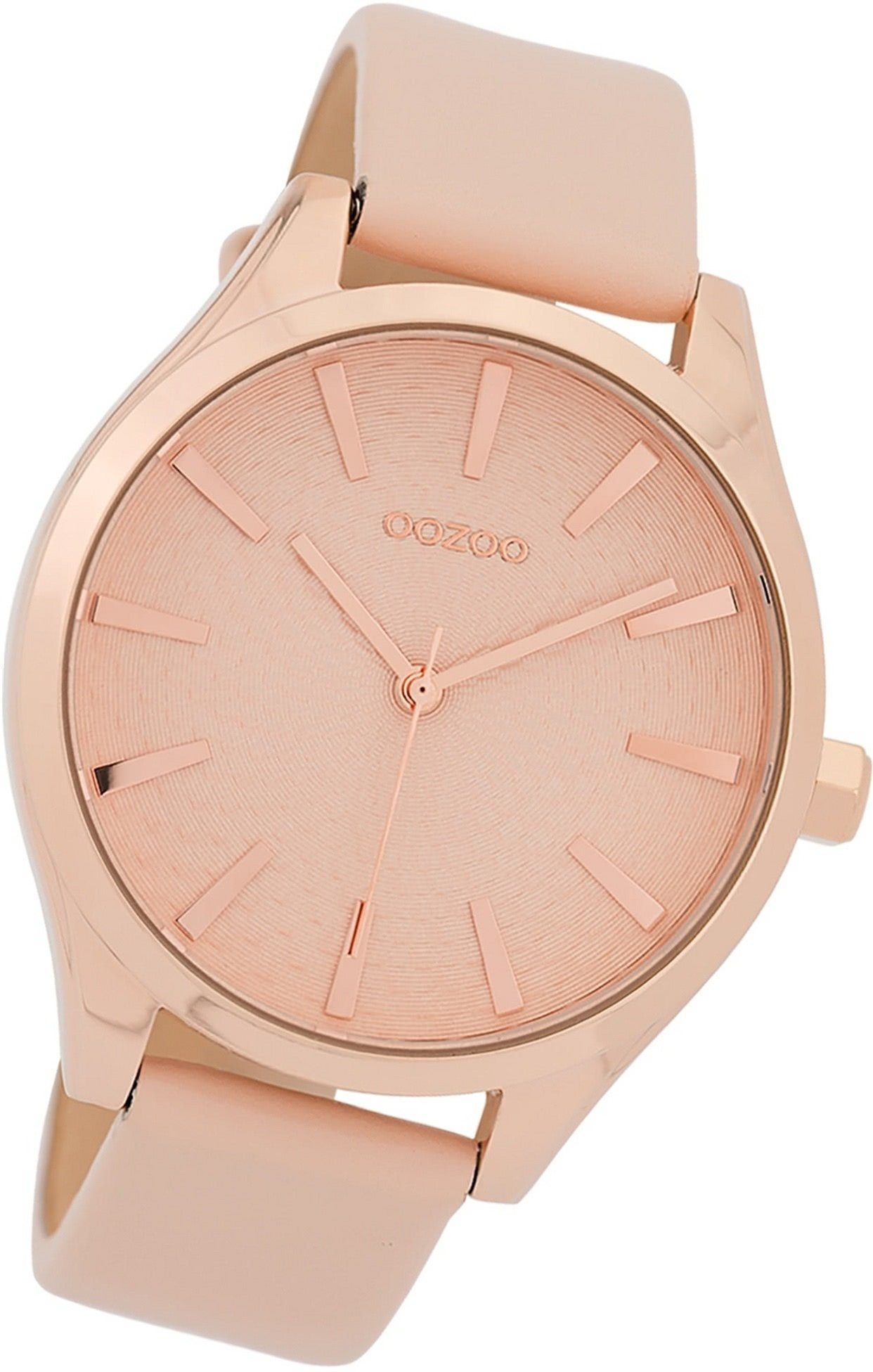 OOZOO Quarzuhr Oozoo Damen Armbanduhr Timepieces, Damenuhr Lederarmband rosa, rundes Gehäuse, groß (ca. 42mm)